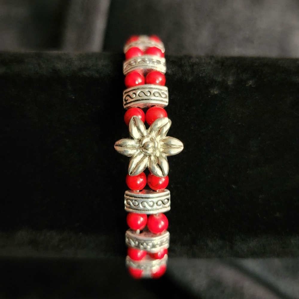 Christmas Poinsettia Flower Floral Silver Red Beaded Bracelet Bangle Bead Boho